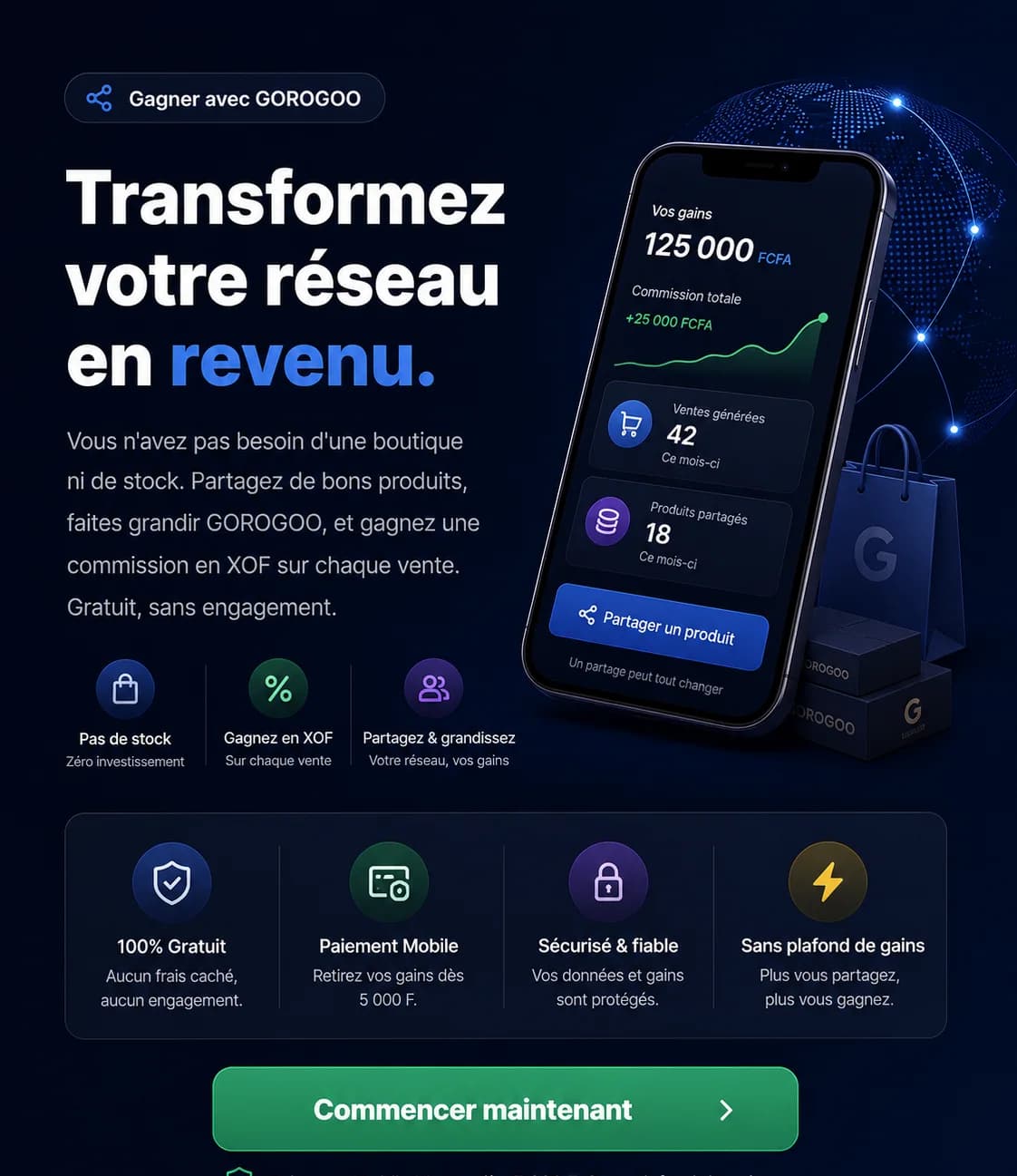 Gagner avec GOROGOO : transformez votre réseau en revenu, sans stock ni investissement, commission en XOF sur chaque vente